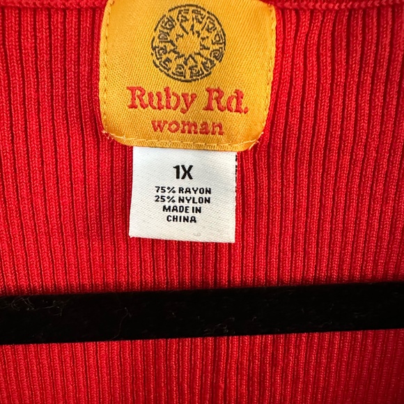 Ruby Rd Red Ribbed Tank Top with Beaded Neckline.  Size 1X. - Picture 2 of 6